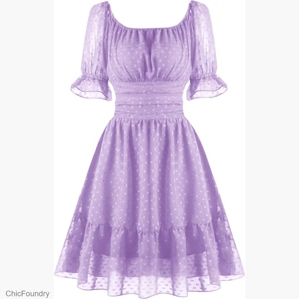 Lightweight Chiffon Mini Dress with Square Neck and Ruffle Sleeves